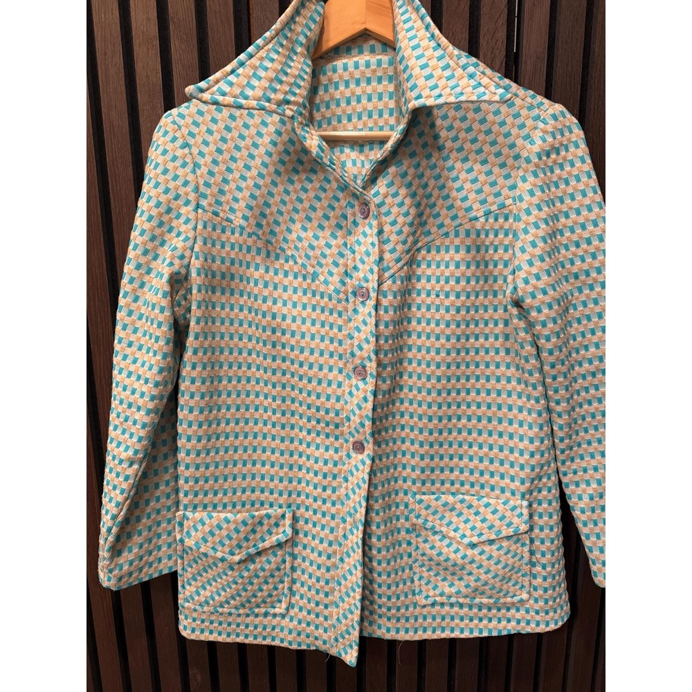 Vintage 70s Polyester Buttoned Shirt Blue/White/Tan 2 Pockets - Vintage Size 18